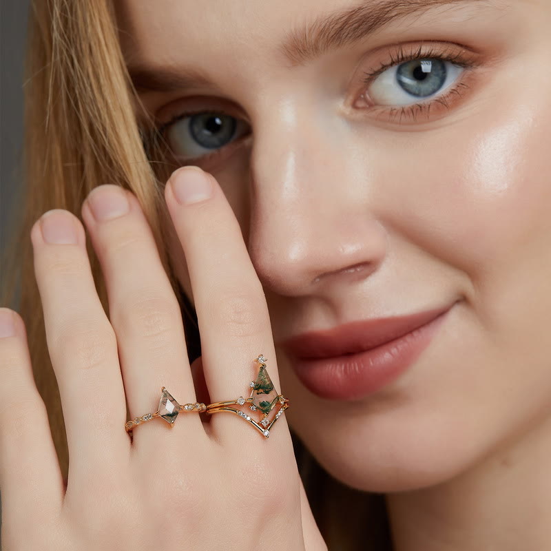 Handmade dainty ring with natural moss agate & sparkling zircon, a unique gift.