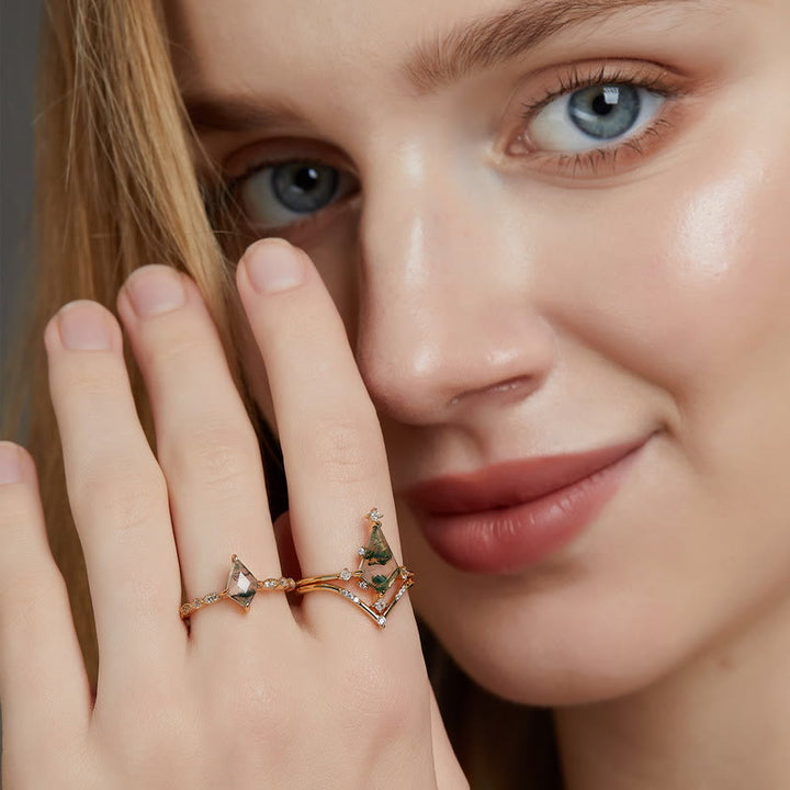 Handmade dainty ring with natural moss agate & sparkling zircon, a unique gift.