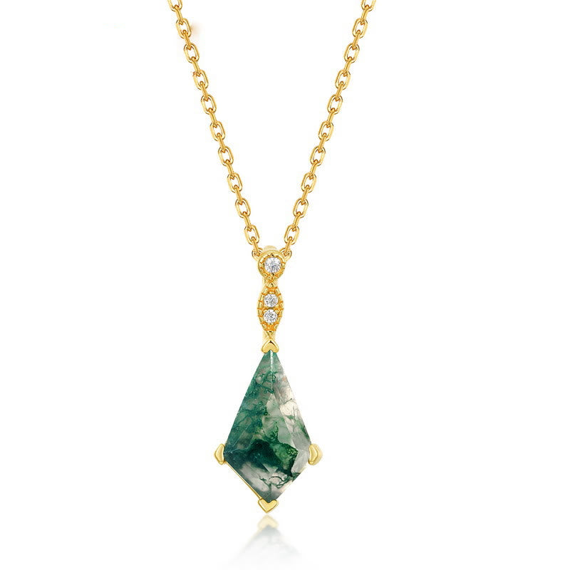 Elegant women's moss agate necklace with sparkling white zircon accents, natural stone.