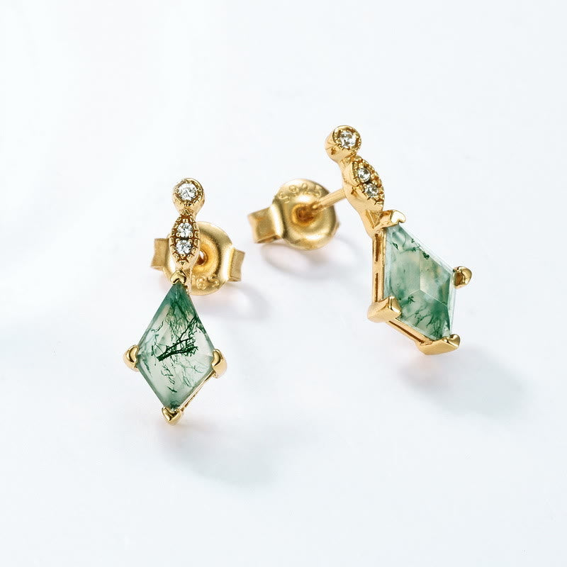 Sparkly white zircon earrings complementing a natural moss agate ring, coordinated set.