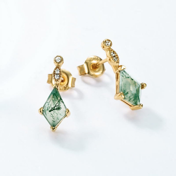 Sparkly white zircon earrings complementing a natural moss agate ring, coordinated set.