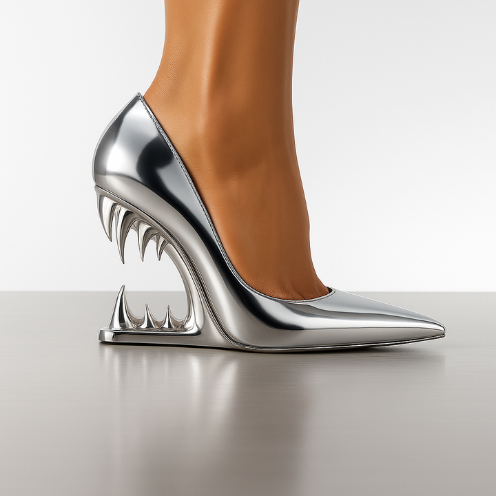 Sculpted jaw tiger fang heels for women. Daring black fashion heels with orthopedic insole, perfect for night out.