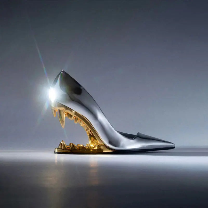 Eye-catching women's tiger fang heels. Black sculpted jaw luxury shoes with dazzling silver fangs for parties.