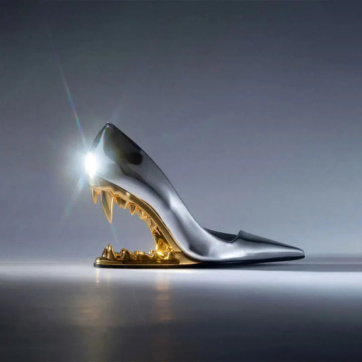 Eye-catching women's tiger fang heels. Black sculpted jaw luxury shoes with dazzling silver fangs for parties.