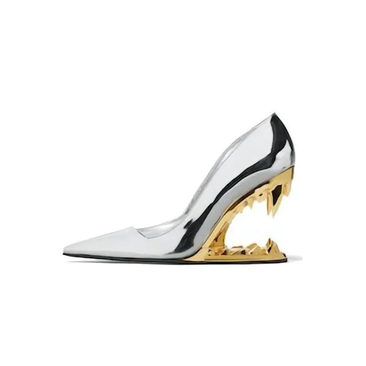 Women's daring black tiger fang heels, featuring a sculpted jaw, chrome finish, & golden fangs. Party-ready luxury.