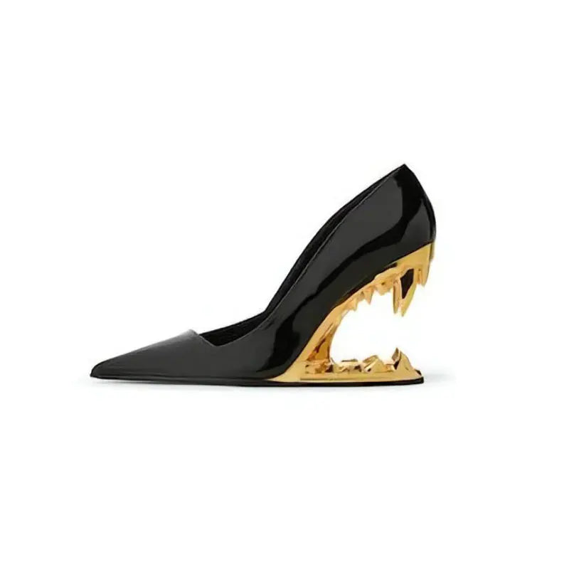 Comfortable black tiger fang heels with orthopedic insole. Daring women's sculpted jaw luxury shoes with golden fangs.