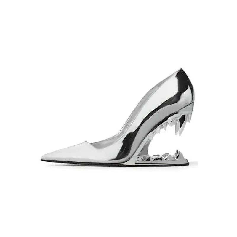 Statement women's black tiger fang heels. Sculpted jaw design with golden fangs, perfect for a daring night out.