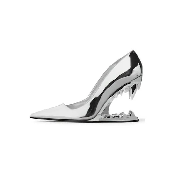 Statement women's black tiger fang heels. Sculpted jaw design with golden fangs, perfect for a daring night out.