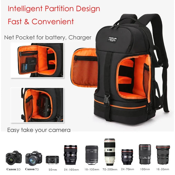 Unisex professional waterproof DSLR camera backpack with laptop compartment and tripod holder
