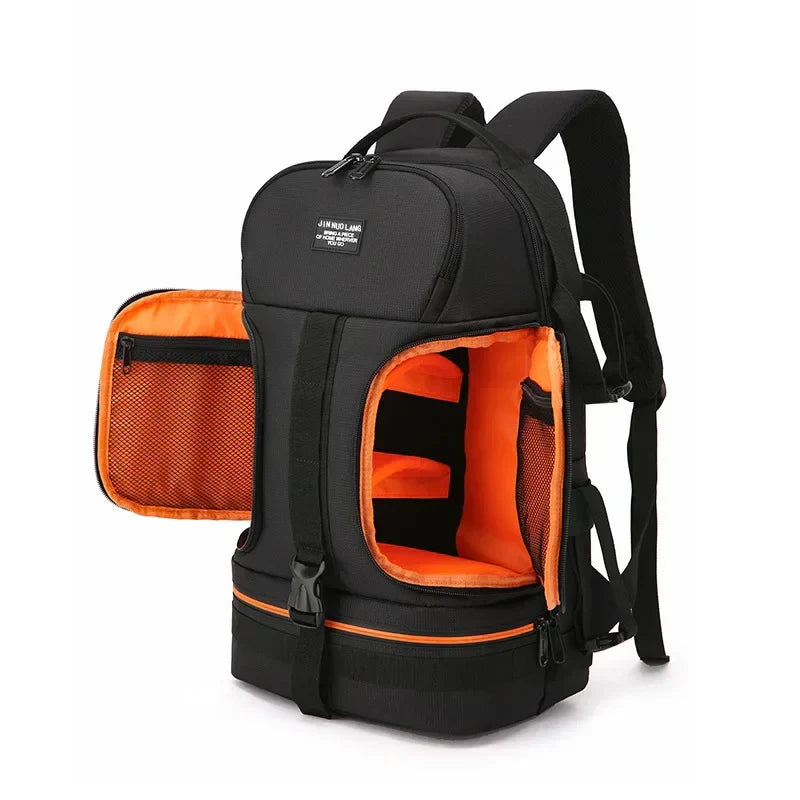 Black waterproof DSLR camera bag, Darius, showing rain cover and strong zippers for protection