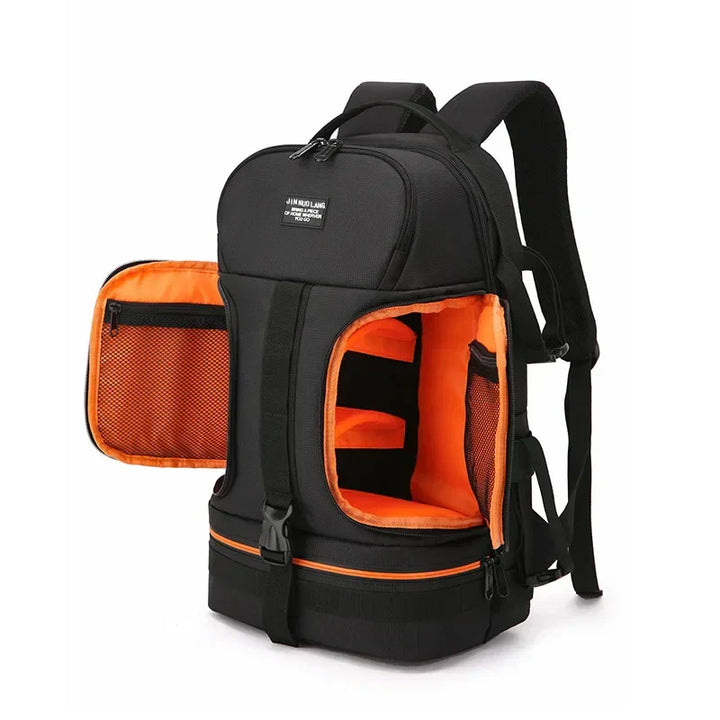Black waterproof DSLR camera bag, Darius, showing rain cover and strong zippers for protection