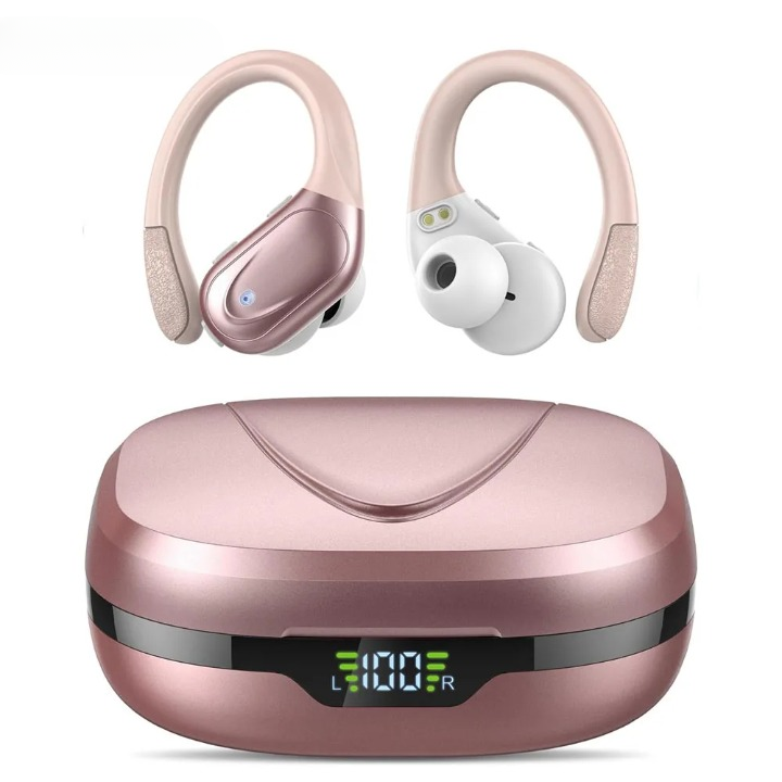 Waterproof sport earbuds in pink with mic, long 75H battery, and hifi audio. Perfect for active users.
