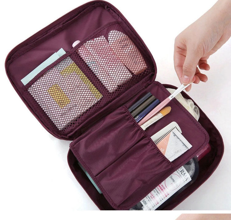 Waterproof makeup organizer for travel, dark blue floral pattern, compact.