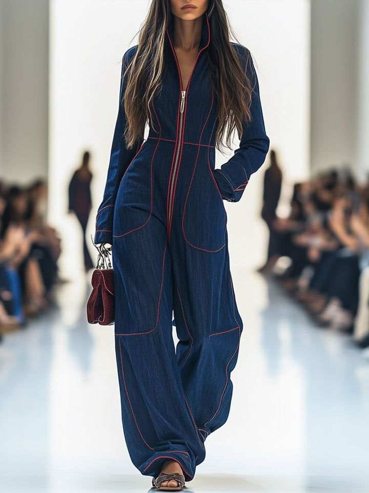 Dark blue wide leg women's jumpsuit with zip front, perfect for a chic and versatile look.