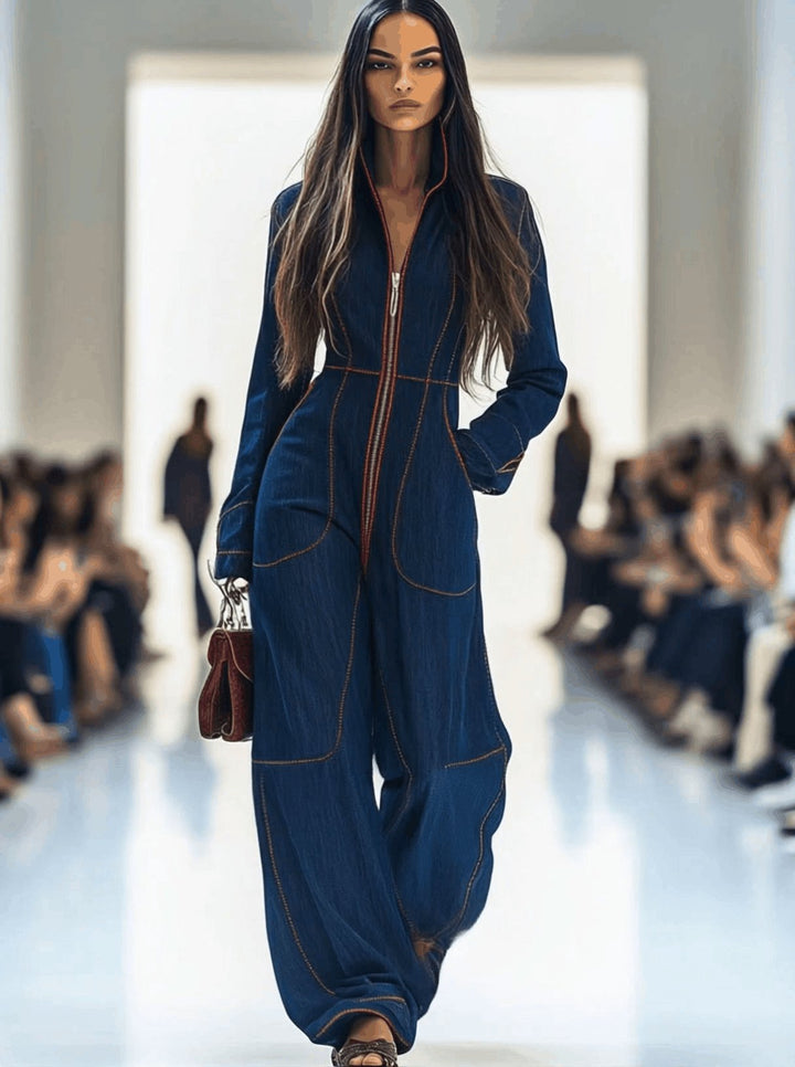 Elegant women's dark blue wide leg jumpsuit, featuring a stylish zip front and long sleeves.