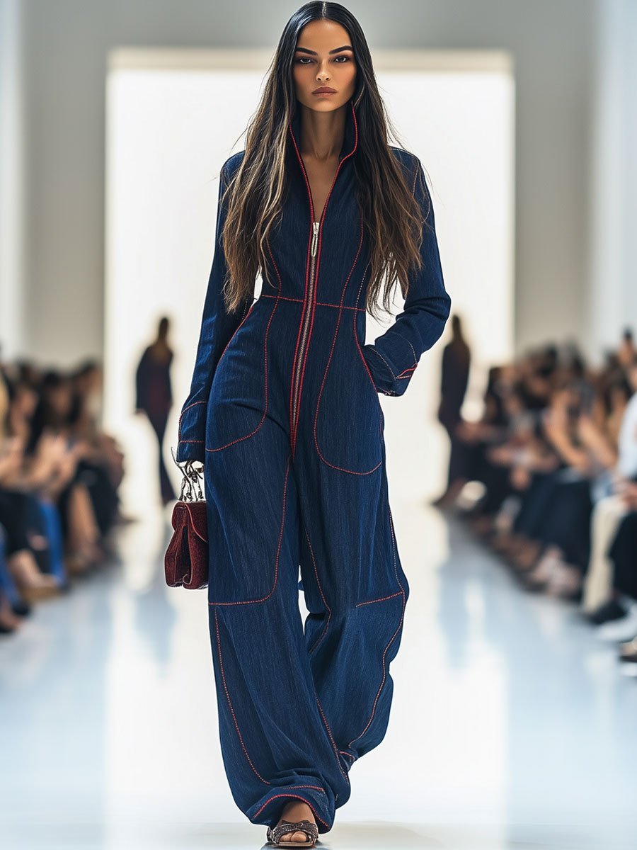 Trendy dark blue wide leg jumpsuit for women, ideal for smart casual or weekend wear. Zip front design.