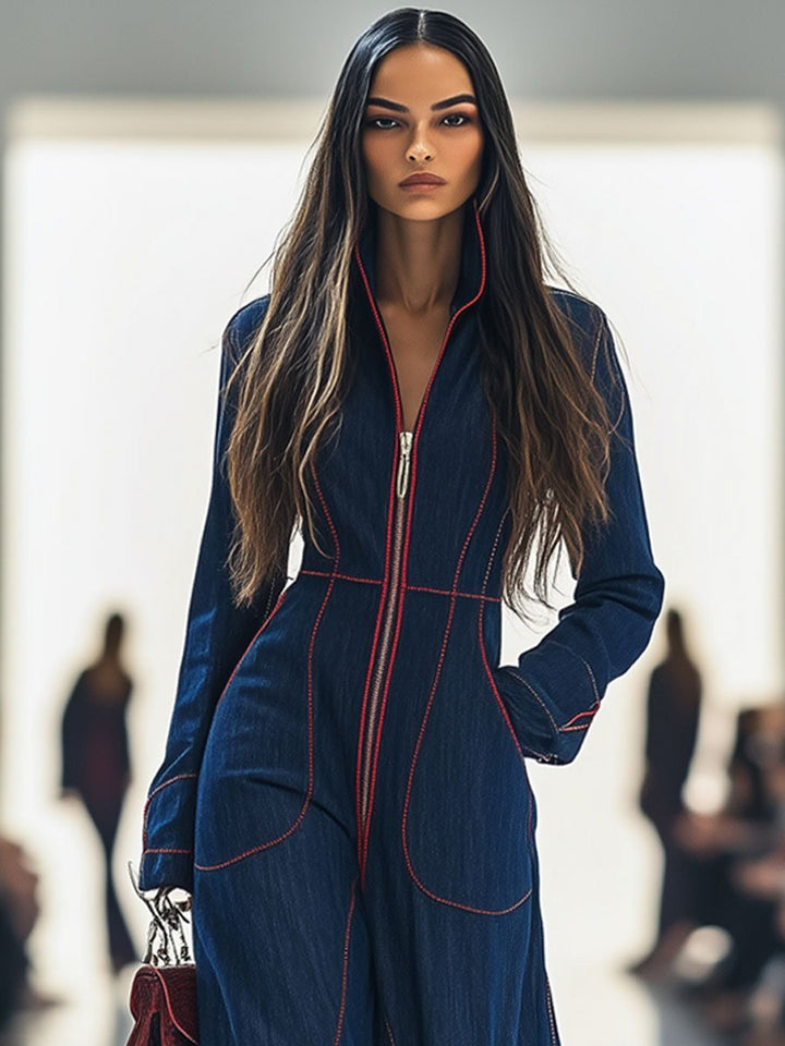 Versatile women's dark blue wide leg jumpsuit with a functional zip front closure and long sleeves.