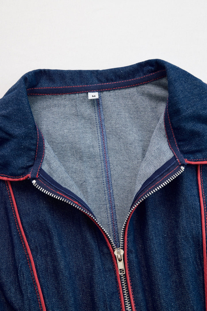 Stylish dark blue wide leg women's jumpsuit, highlighted by a practical and trendy zip front.
