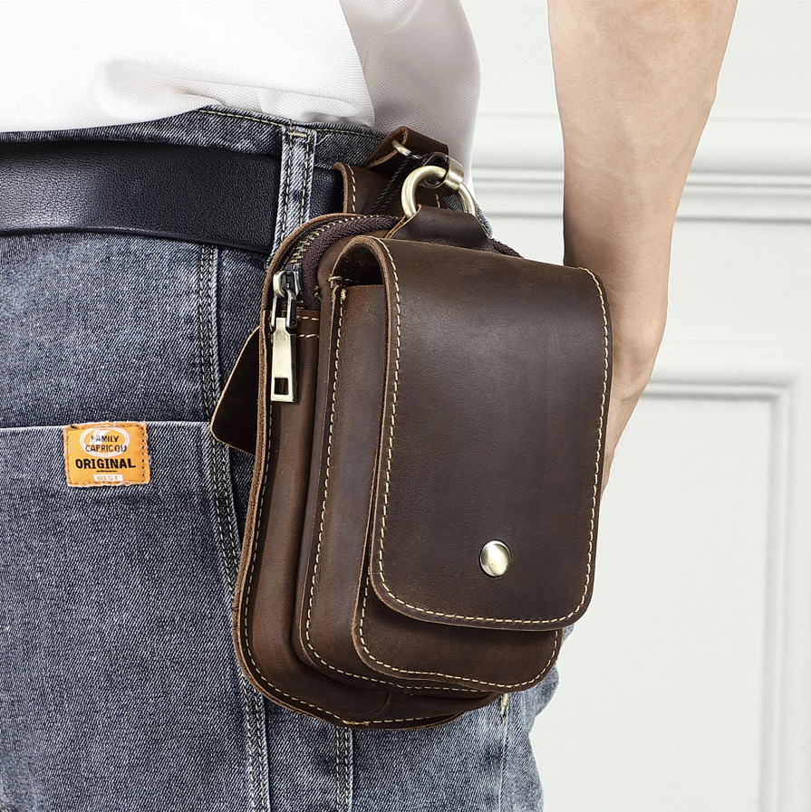 Dark brown men's compact everyday carry crossbody pouch with adjustable strap for essentials.
