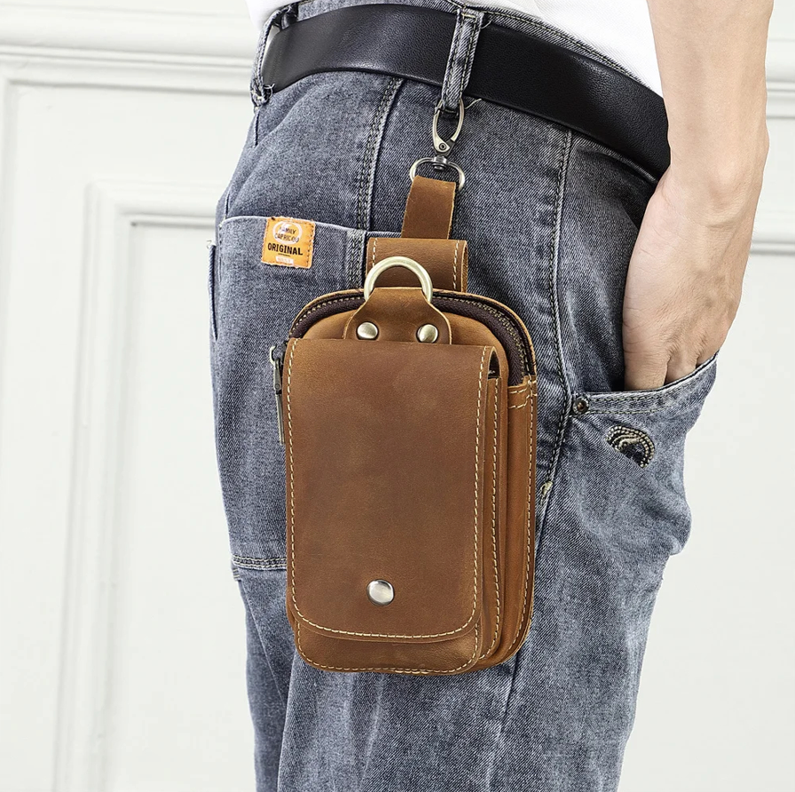 Men's brown everyday carry utility pouch, perfect as a phone holder & wallet organizer for travel.