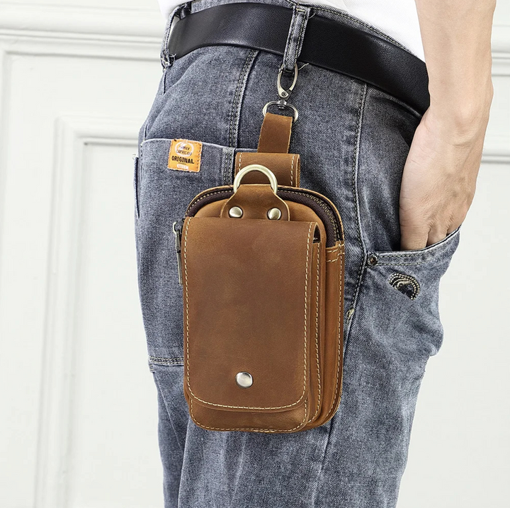 Men's brown everyday carry utility pouch, perfect as a phone holder & wallet organizer for travel.