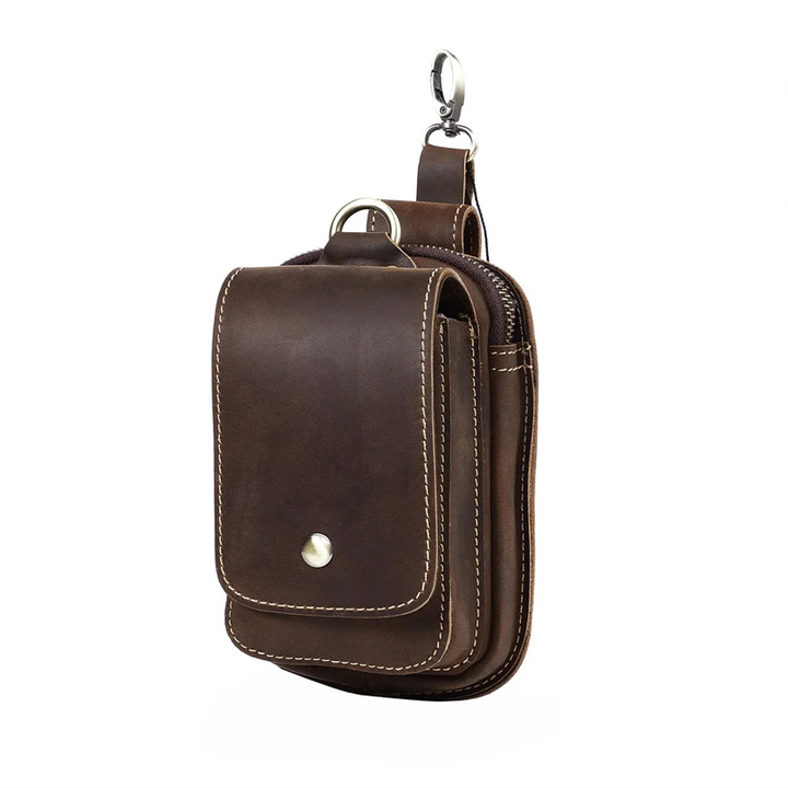 Stylish dark brown men's compact utility pouch, ideal for secure everyday carry & travel essentials.