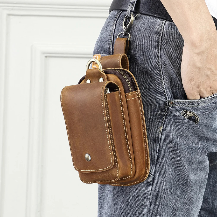Versatile men's brown everyday carry pouch for phone, wallet & travel. Secure & comfortable.
