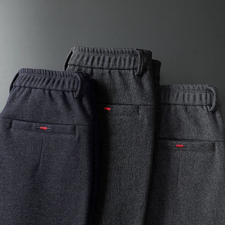 Stylish men's slim fit stretch trousers in black, blue & dark gray for versatile wear.