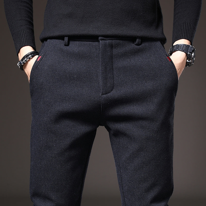 Modern men's slim fit stretch trousers in black, offering contemporary style and comfort.