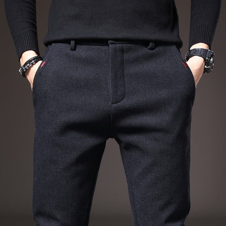 Modern men's slim fit stretch trousers in black, offering contemporary style and comfort.
