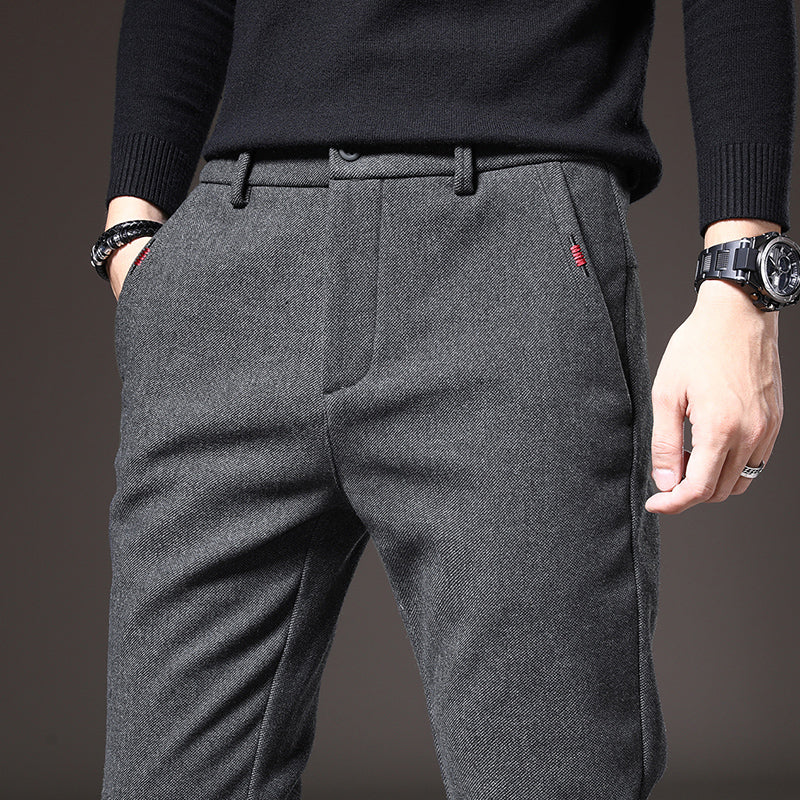 Black men's versatile stretch slim fit trousers, offering comfort for work & casual outfits.