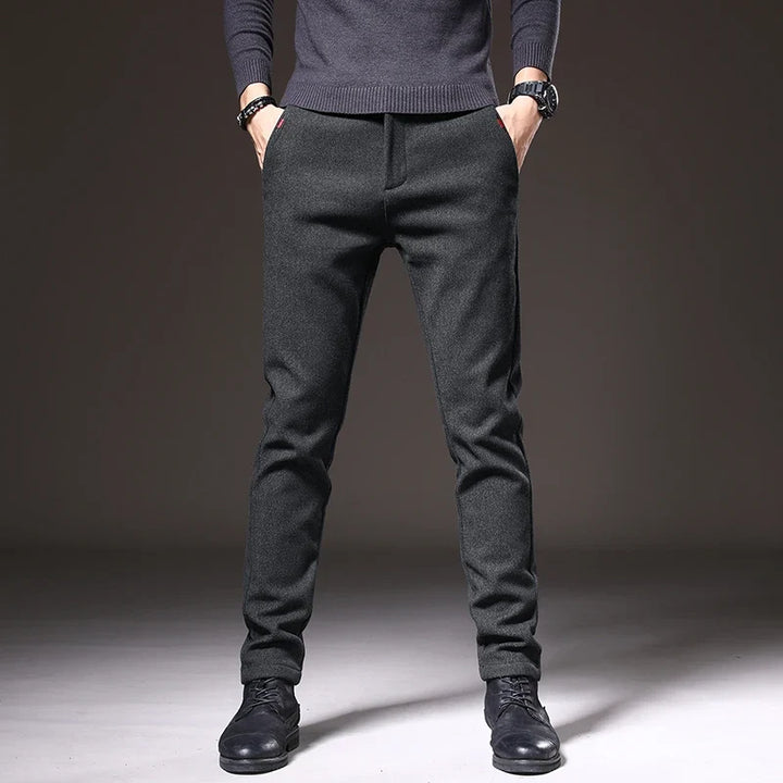 Men's versatile dark gray slim fit stretch trousers, perfect for work, casual & comfort.