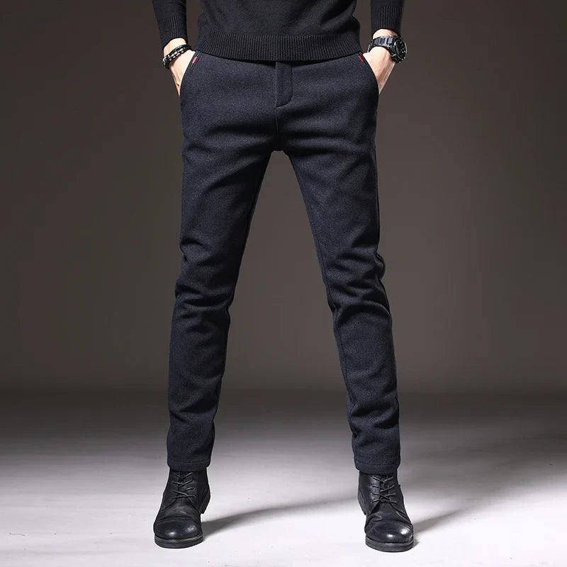 Professional black men's slim fit stretch work pants, combining comfort with a sleek look.