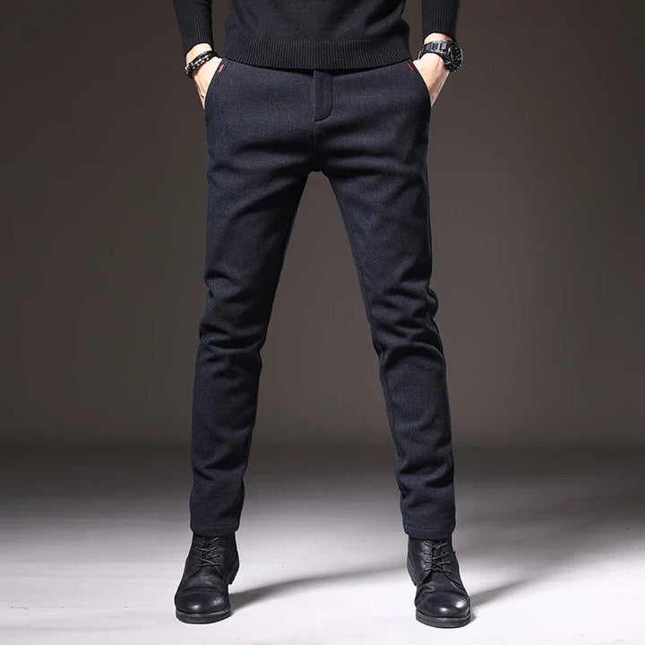 Professional black men's slim fit stretch work pants, combining comfort with a sleek look.