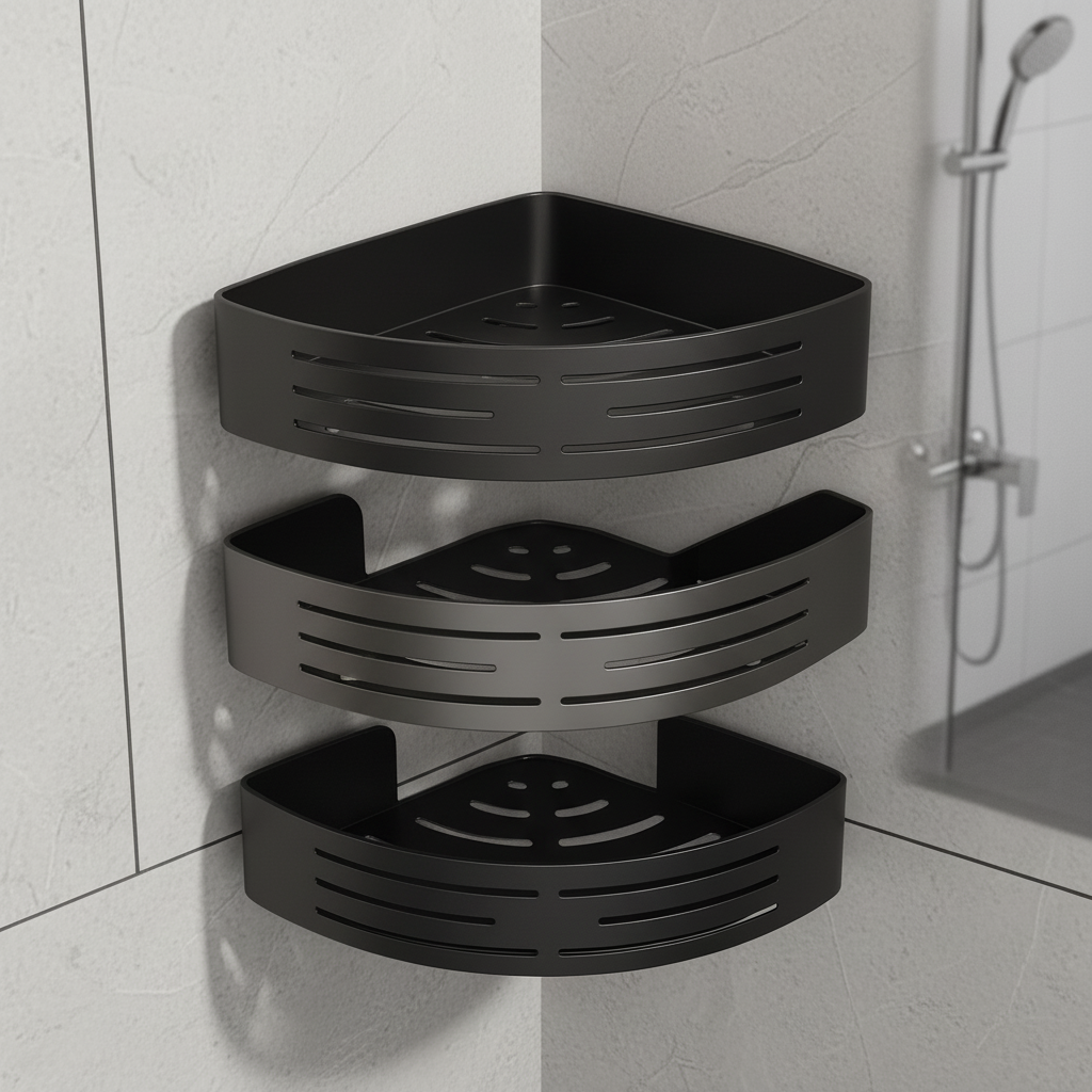 Dark gray three-tier no-drill shower organizer. Rust-resistant plastic corner caddy for shampoo, soap, and toiletries.