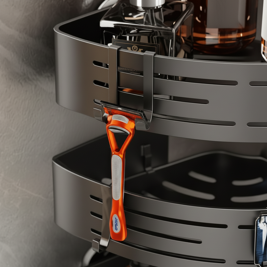 Rust-resistant black three-tier shower organizer. Large capacity corner caddy for all bathroom toiletries.