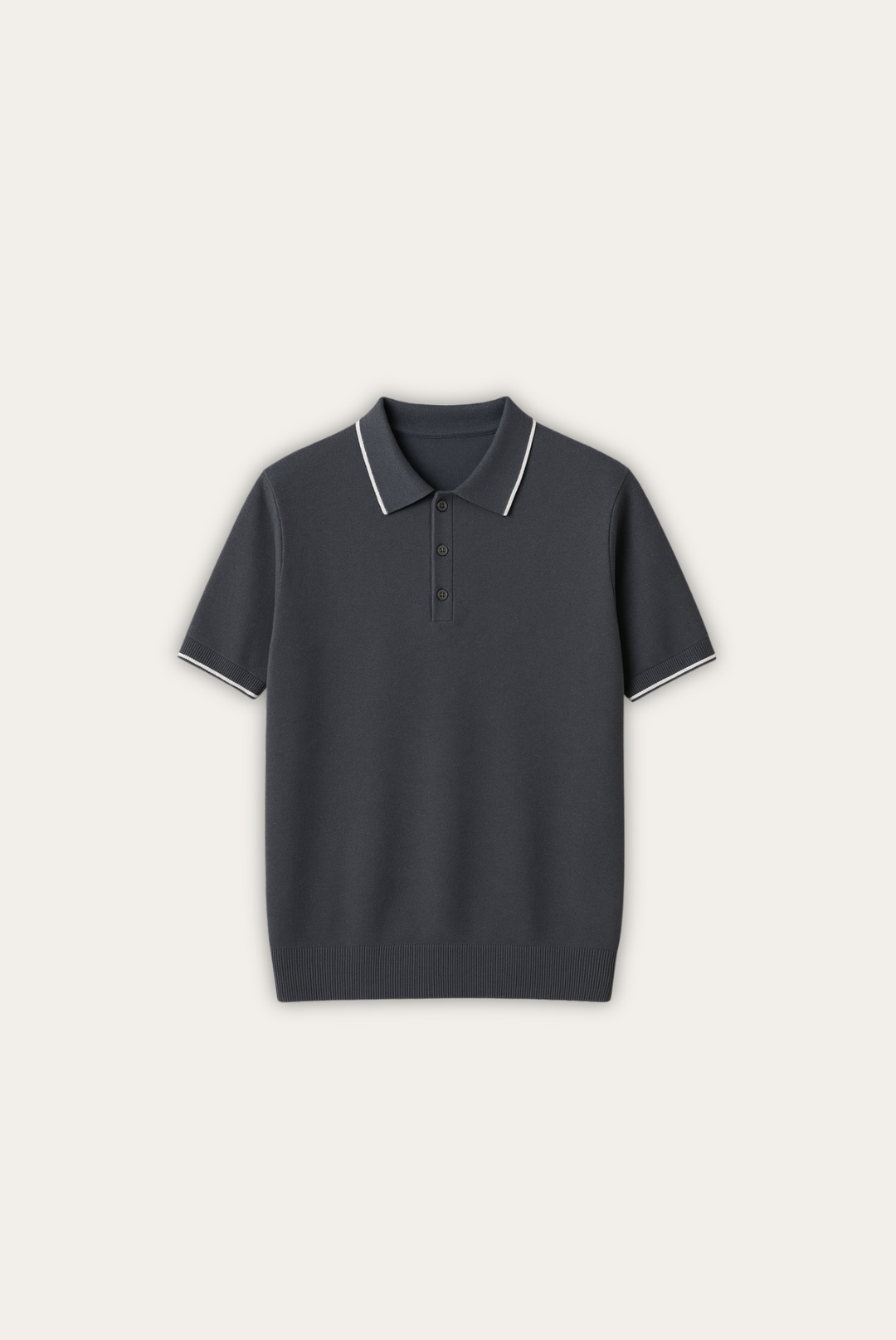 Men's tailored fit dark grey polo shirt. Versatile cashmere-merino style for refined everyday wear and fashion.