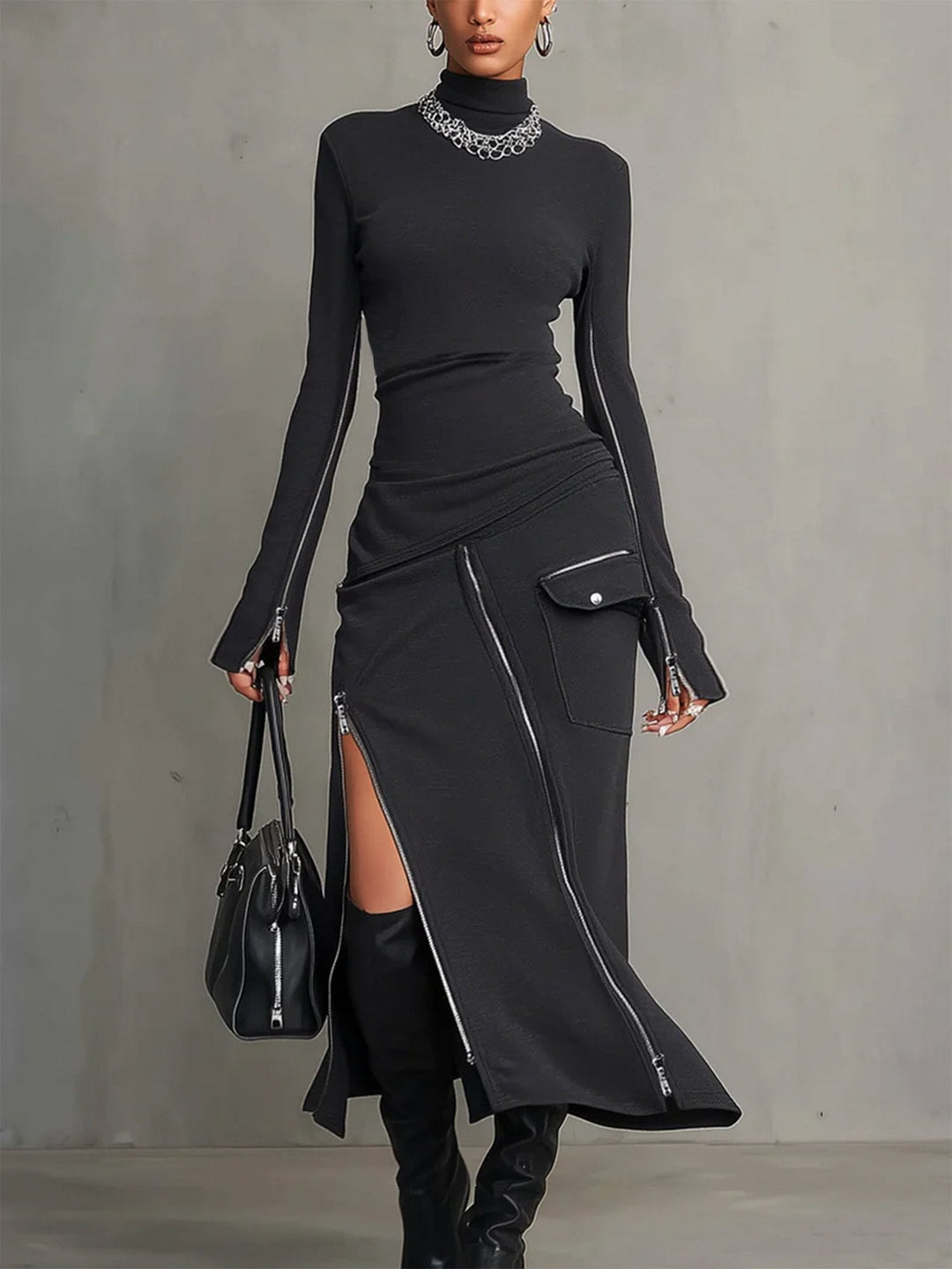 Dark grey women's turtleneck two-piece skirt set with zipper pocket, perfect for modern streetwear.