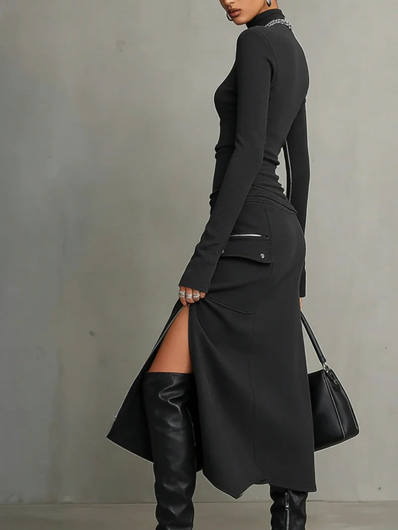 Chic dark grey women's turtleneck & midi skirt set with a zipper pocket, ideal for casual and edgy fashion.