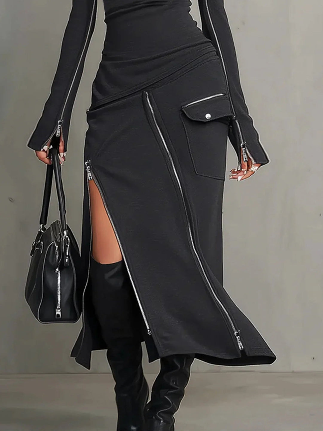 Fashion-forward dark grey women's turtleneck skirt set, a versatile two-piece with a chic zipper pocket.
