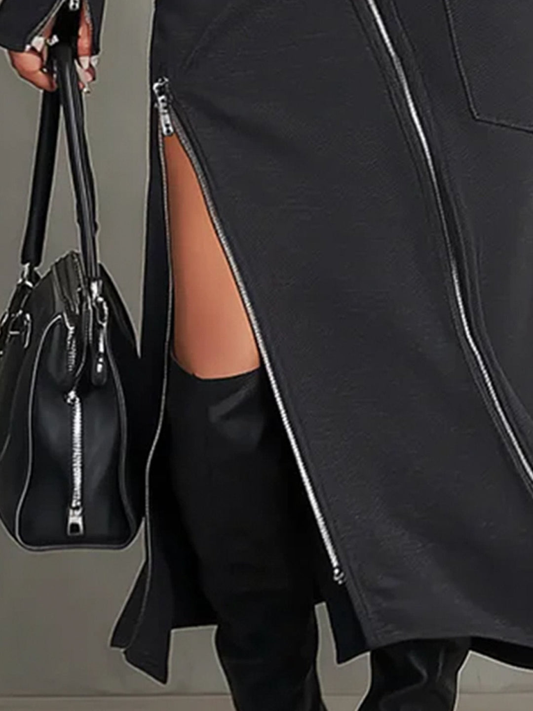 Women's dark grey turtleneck two-piece midi skirt set featuring a stylish zipper pocket. Streetwear ready.