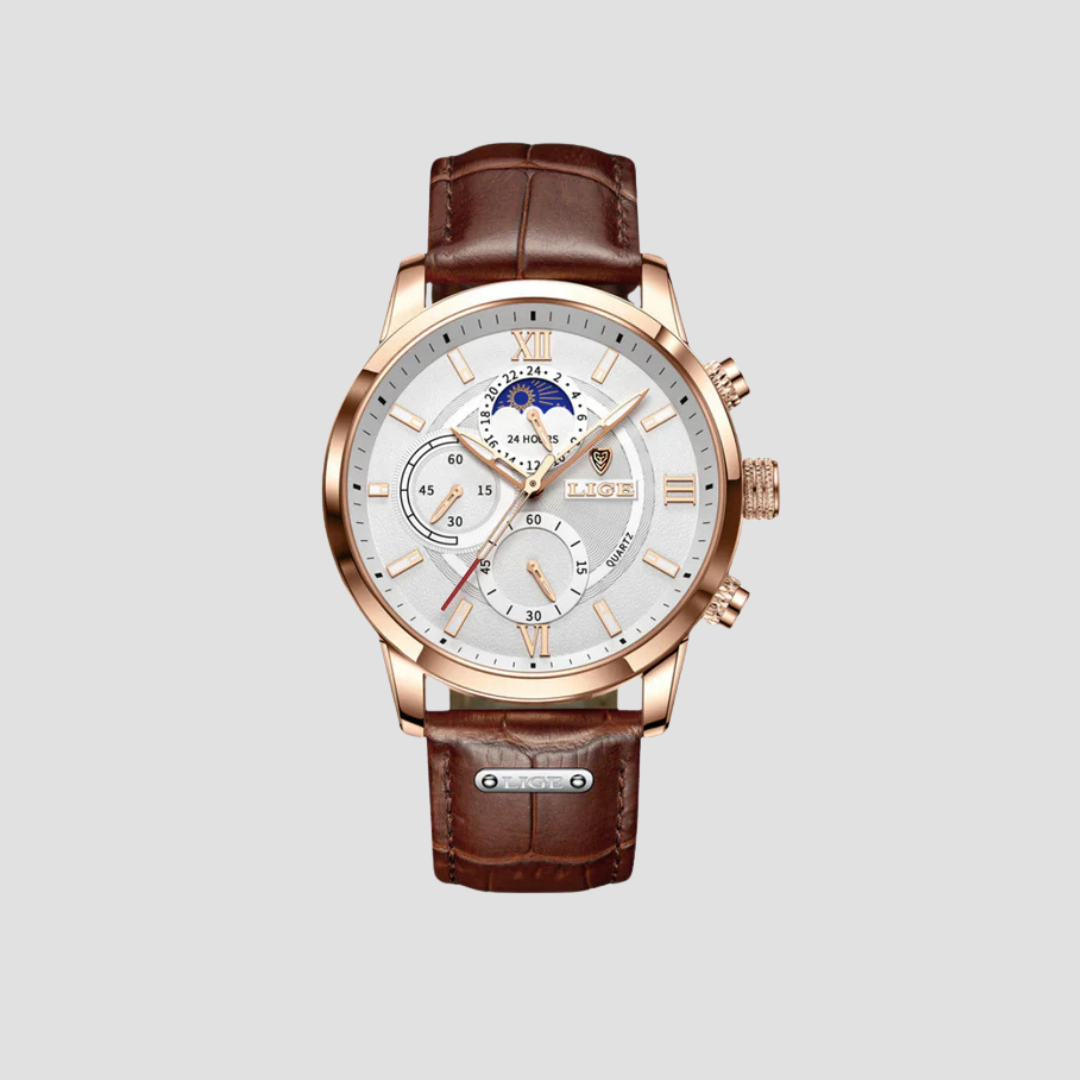 Davion men's classic quartz watch with brown leather strap, silver case, and white dial, perfect for formal wear.