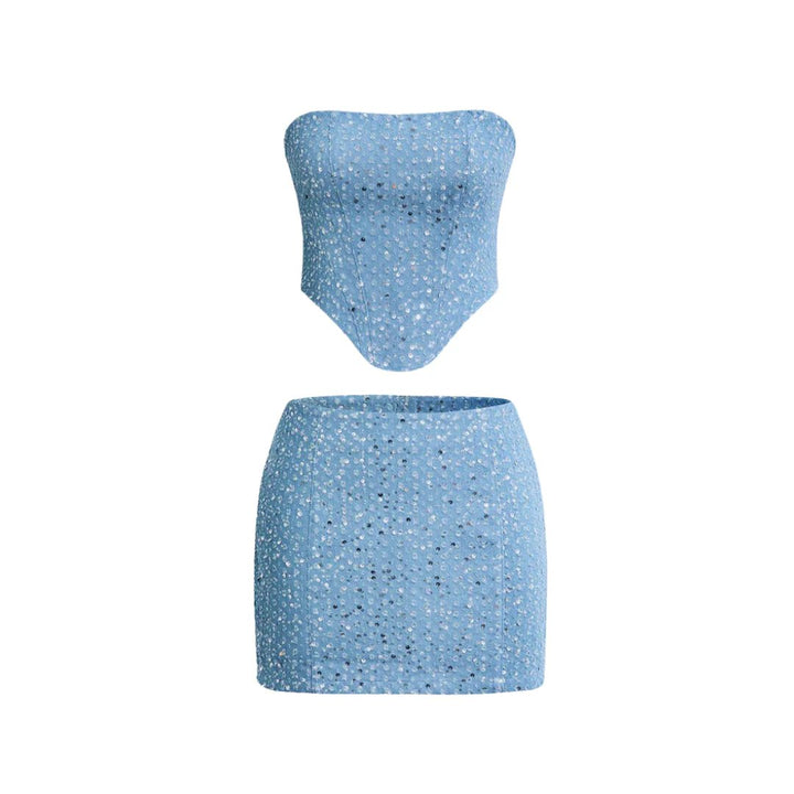 Elegant blue sequin strapless bodycon mini dress. Ideal for glamorous parties & evening formal wear.