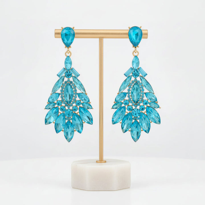 Champagne Seraphine dazzling drop crystal earrings, elegant women's fashion accessory.
