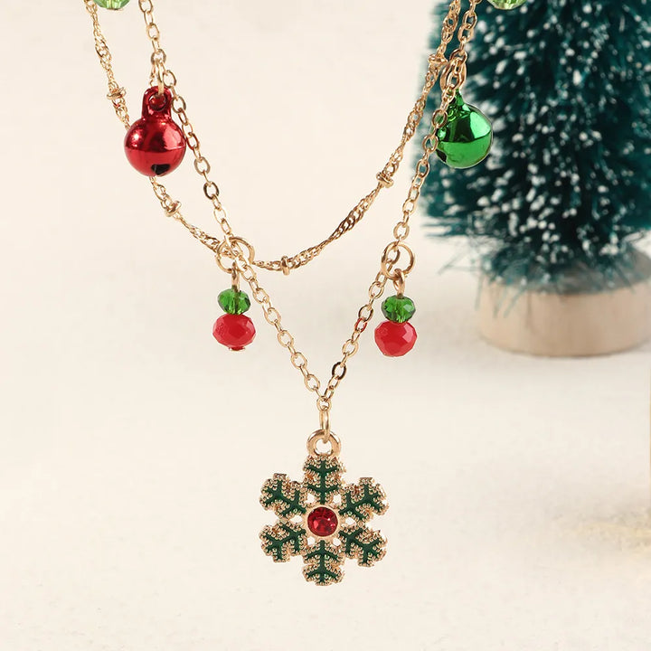 Sparkling women's dazzling colorful snowflake necklace. Beautiful festive winter pendant jewelry.