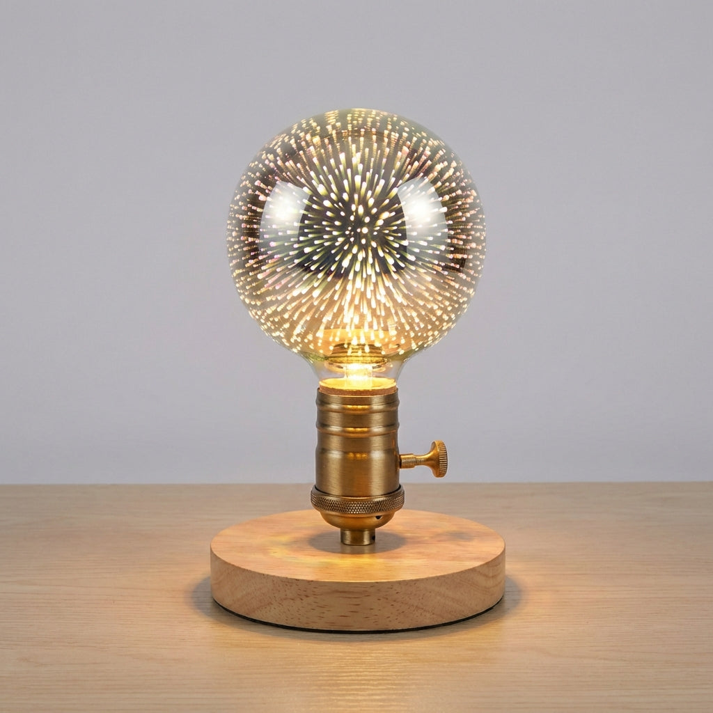 Decorative 3D Flame Bulb, Auraflare LED lamp, glowing in a dark room, providing cozy ambient light.