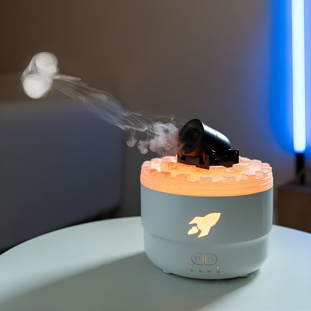 Decorative cannon air humidifier with LED light, producing a fine mist for a relaxing ambiance.