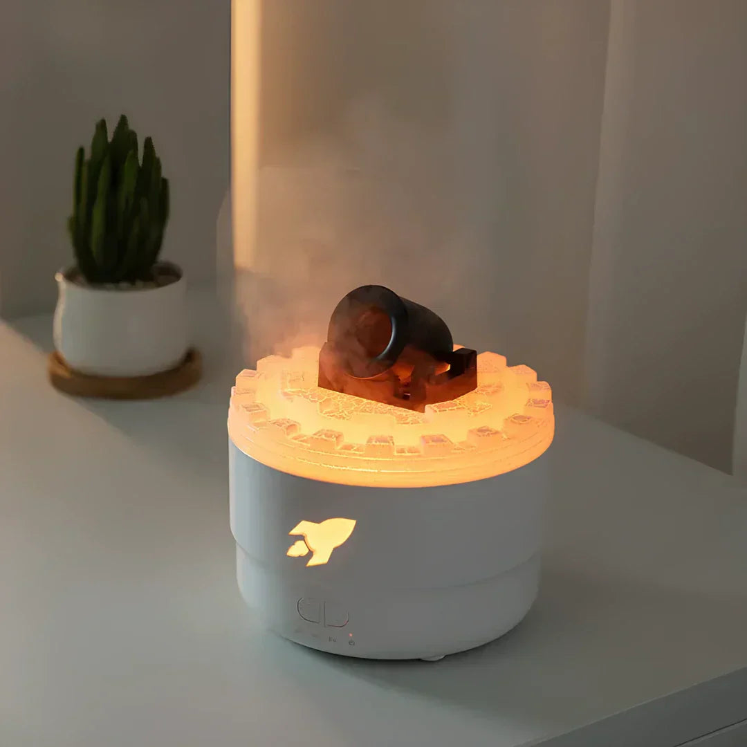 Portable cannon humidifier: LED light, aroma diffuser, and mist for improved air quality.
