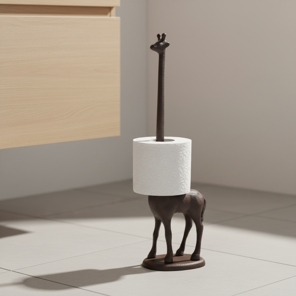 Decorative cast iron giraffe toilet paper holder, freestanding, perfect for rustic or safari bathroom decor.
