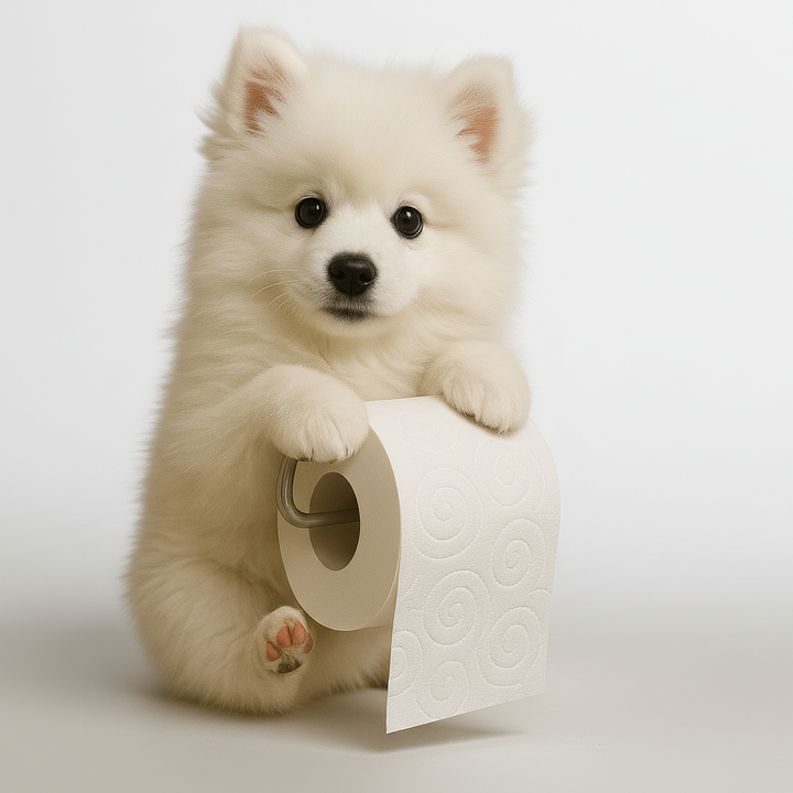 Hand holding a roll of toilet paper, fitting it onto the WuffKeeper dog toilet paper holder
